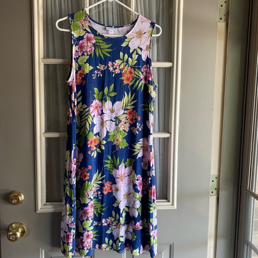 J. Jill Blue Floral Tropical Patterned Sleeveless Dress